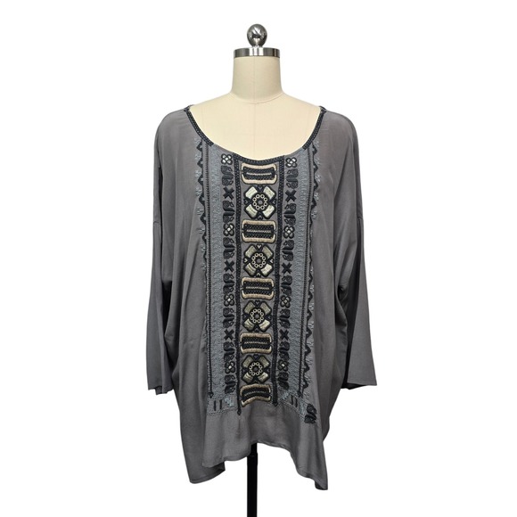 Johnny Was BIYA Silk Gray Embroidered Tunic Top‎ Boho Plus Size 1X